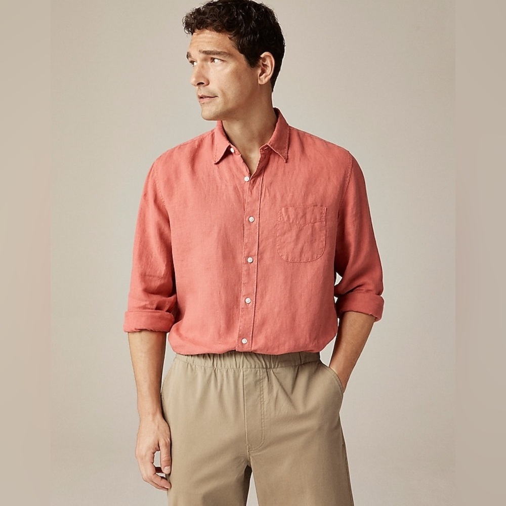 NWT J.Crew Washed linen shirt w/ point collar Medium Seasoned Red Preppy Casual